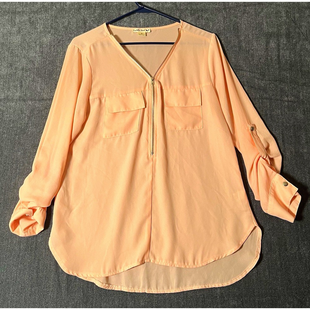 Double Zero Womens S Pink Solid Chiffon V-Neck Zip Front Roll Tab LS Blouse